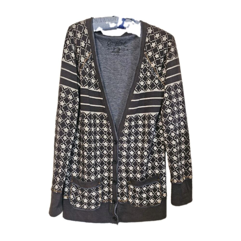 Scrapbook Originals Cardigan Sweater Womens Small Gray Geometric Clover Pattern
